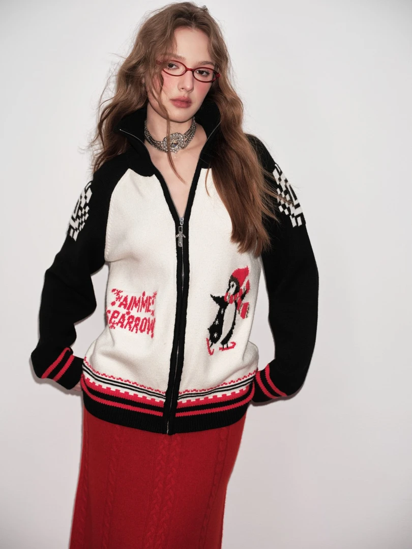 Aimmesparrow25SS深蓝色拼接企鹅字母图案开衫Z