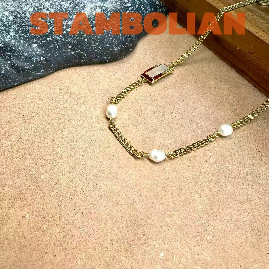 项链 正品STAMBOLIAN 方块白贝古巴链QDS042