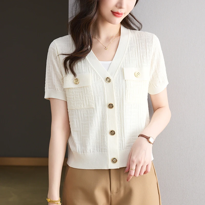 小个子短款高腰上衣洋气减龄短袖冰丝针织开衫高级感外套时尚休闲