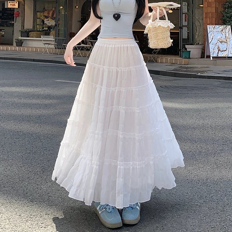 白色绝美半身裙女夏季长款木耳边蛋糕裙2025新款高腰蓬蓬a字长裙