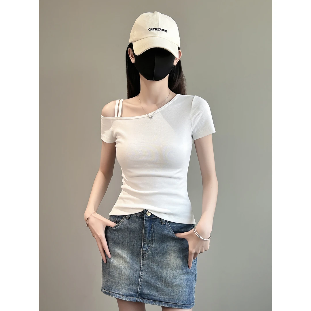 春夏2025年新款斜肩吊带短袖t恤女纯欲修身一字领百搭显瘦上衣潮
