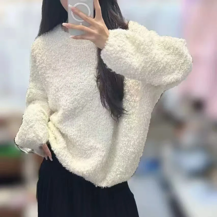 纯色圆领套头毛衣女秋冬新款慵懒高级感软糯宽松针织衫上衣