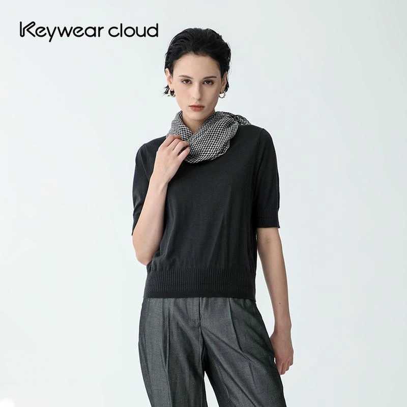 Keywearcloud奇威秋季修身短袖纯色针织衫上衣
