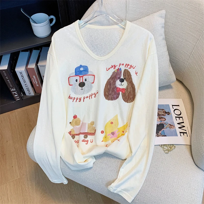 字母动物印花防晒T恤长袖时尚休闲ins微透圆领卡通可爱套头罩衫