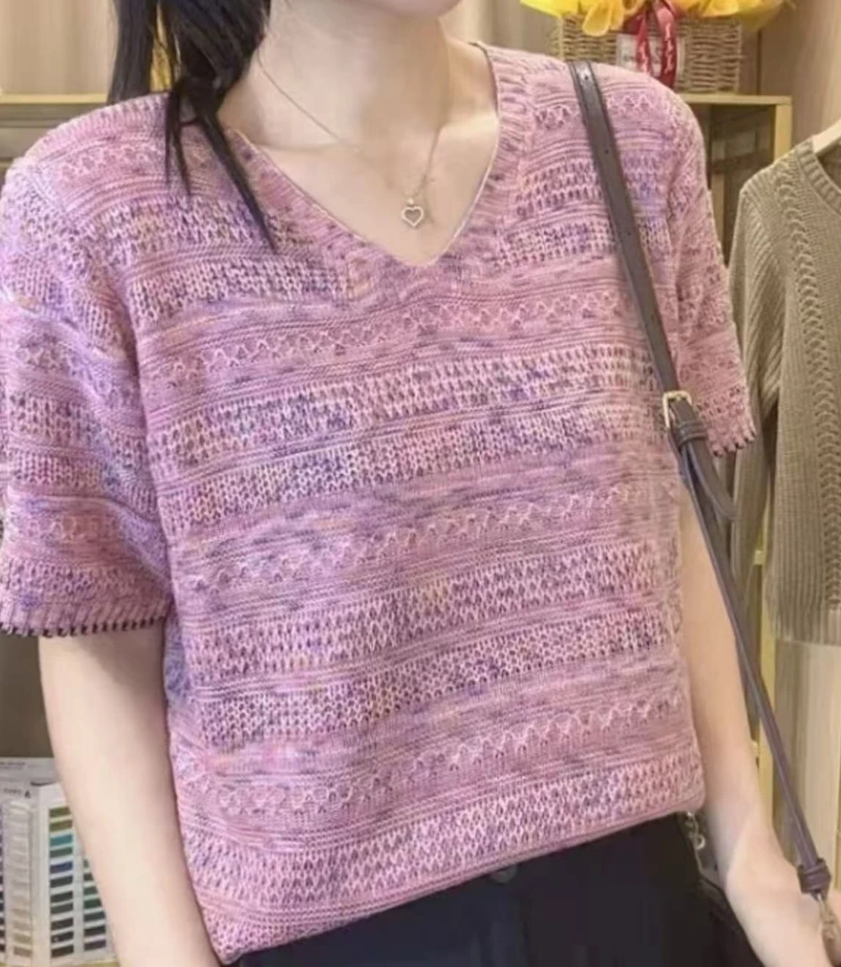 设计款花边V领针织上衣2025夏季新款时尚气质百搭小众显瘦短袖女