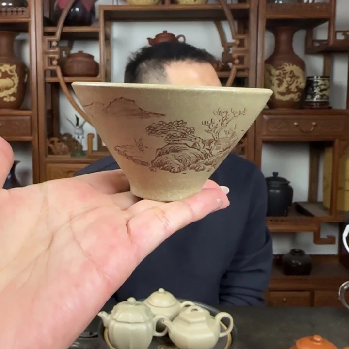 紫砂茶壶斗笠本绿 山水画