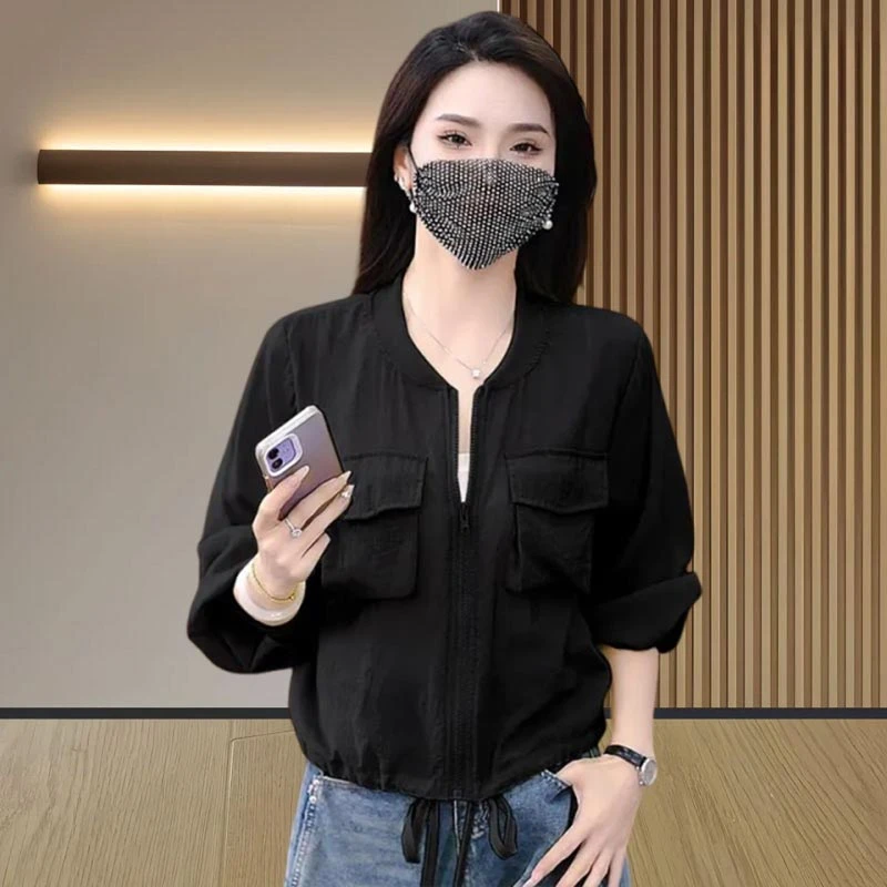 上衣韩版长袖抽绳短款透气开衫2025夏季薄款宽松休闲防晒衣女外套