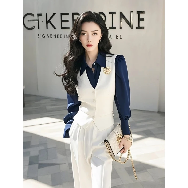 2025春季流行穿搭女韩系高级感假两件衬衫休闲裤职业通勤超火套装