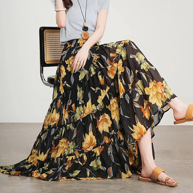 雪纺碎花裙蛋糕裙A字半身裙春夏高腰大摆裙中长款夏季4C长裙M86