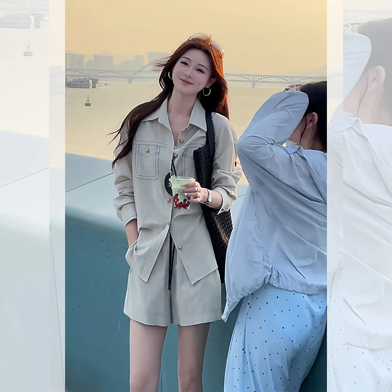 小香风气质大方得体穿搭一整套女秋装搭配卡其色上衣短裤两件套装