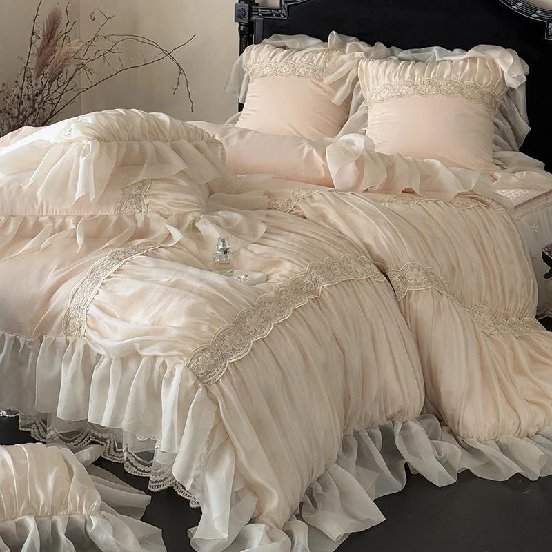 法式琉璃纱床盖款全棉长绒棉四件套公主风纯棉蕾丝边被套轻奢床单