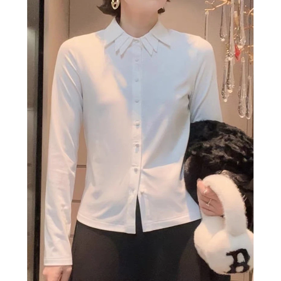 豆子优选-百搭修身不规则花边领长袖加绒衬衫秋冬叠穿针织马甲女