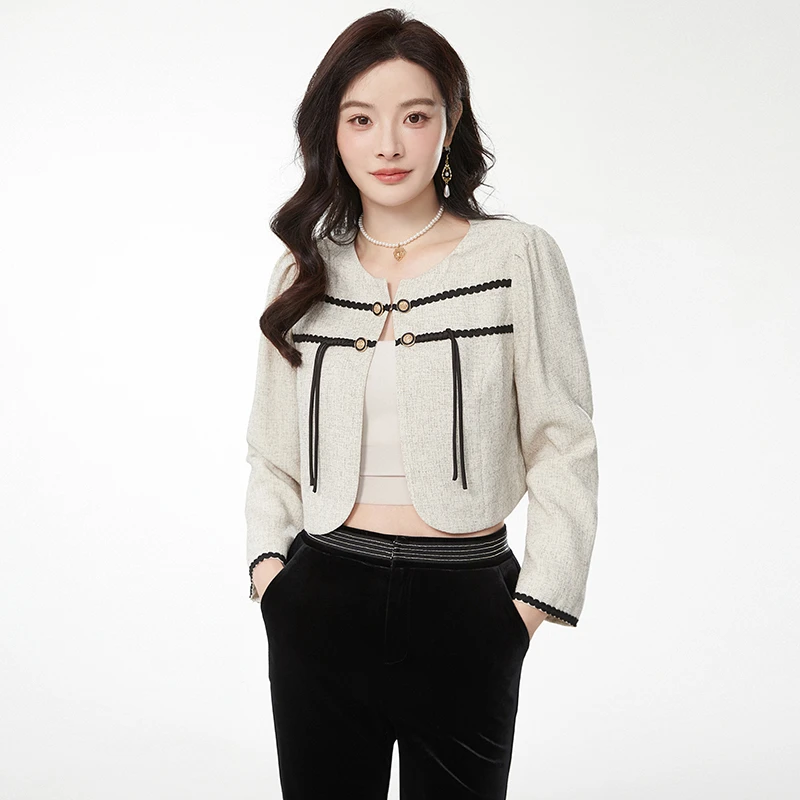 G064时尚减龄拼色上衣一粒扣长袖外套女2025春51HG0K0064