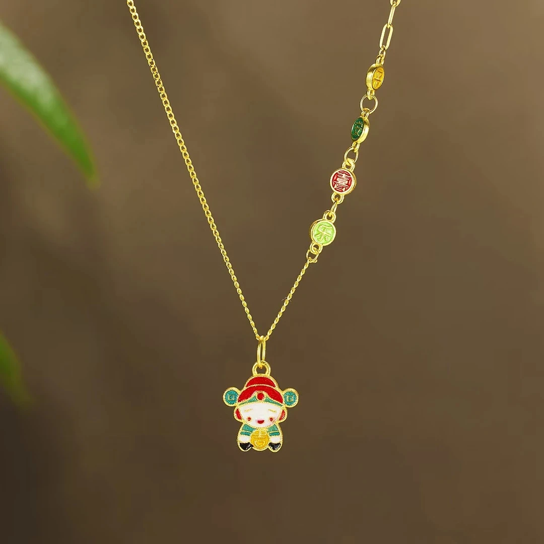 坠链均925银 烧蓝工艺小财神项链新中式国潮平安喜乐迎财神锁骨链