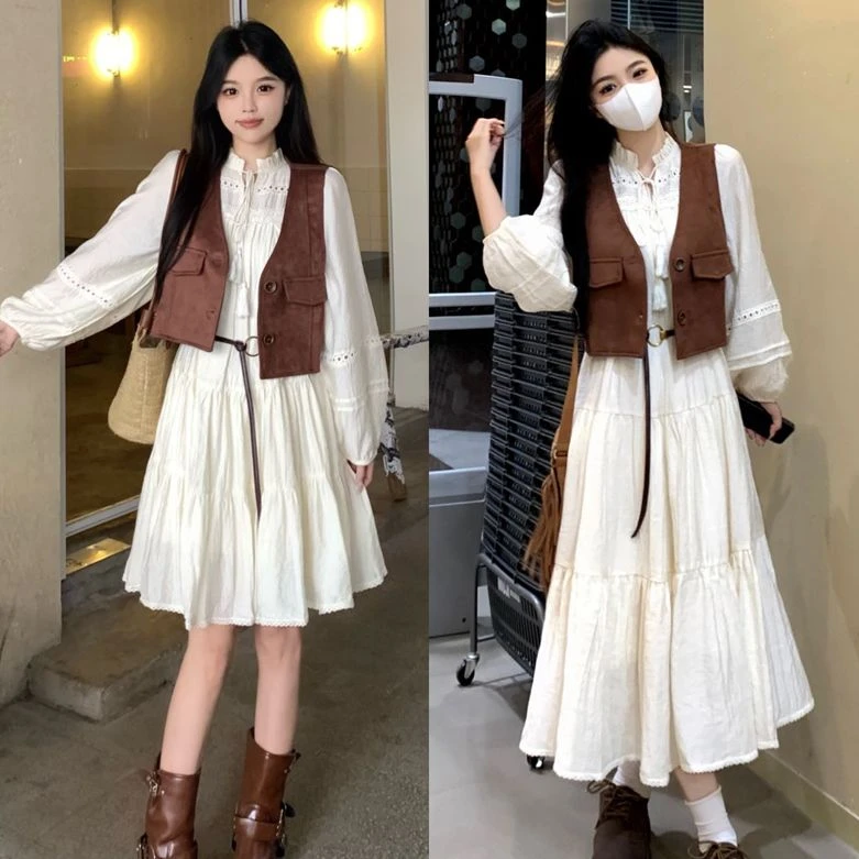 C-9681大码春季新款显瘦波西米亚长袖连衣裙+马甲套装