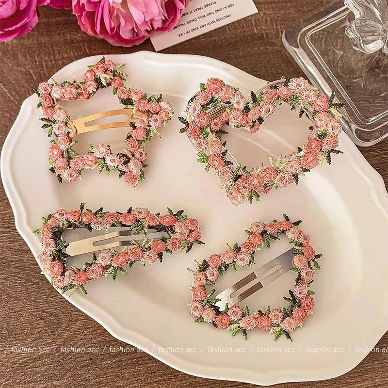 春夏氛围感星星发夹边夹侧边粉色刺绣花朵水滴bb夹刘海夹抓夹发饰