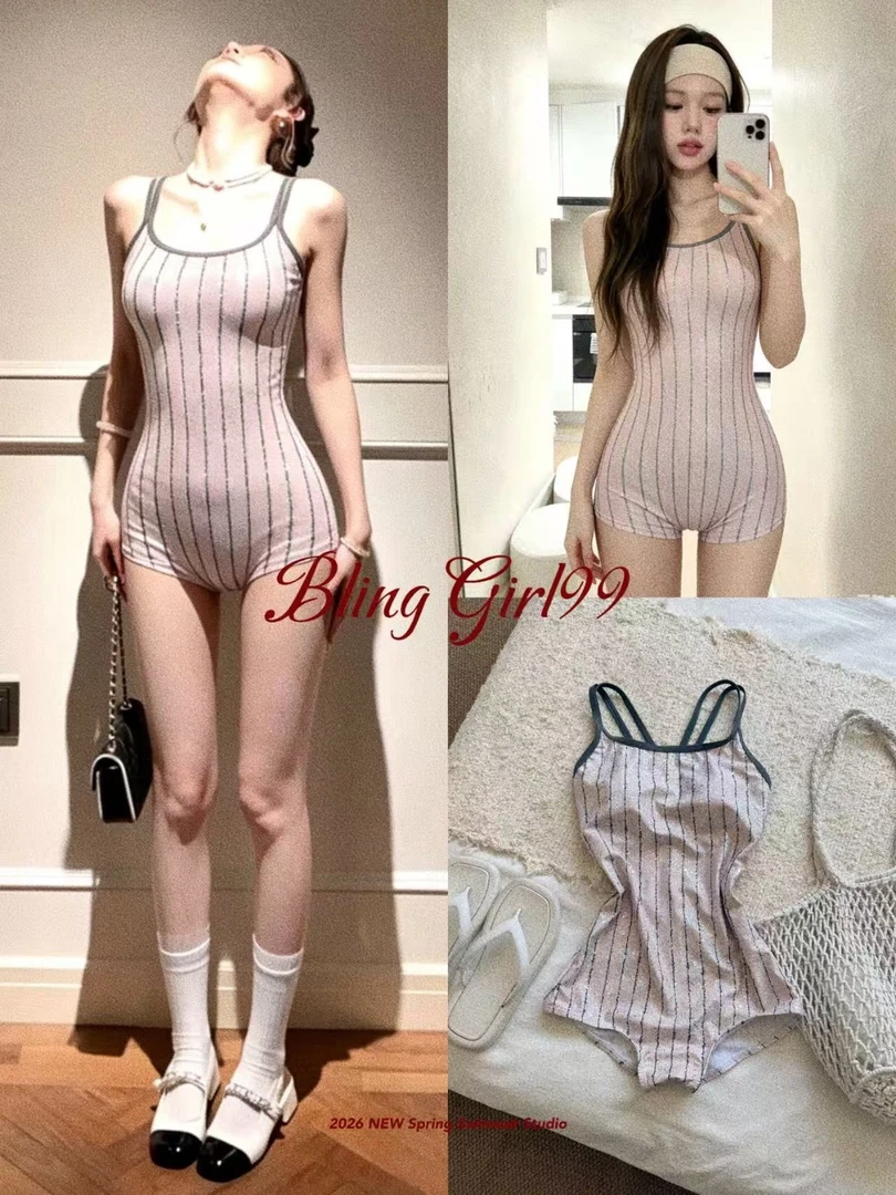 【粉雾琉璃】法式复古修身显瘦竞速泳衣新款女装2026游泳带胸垫双层