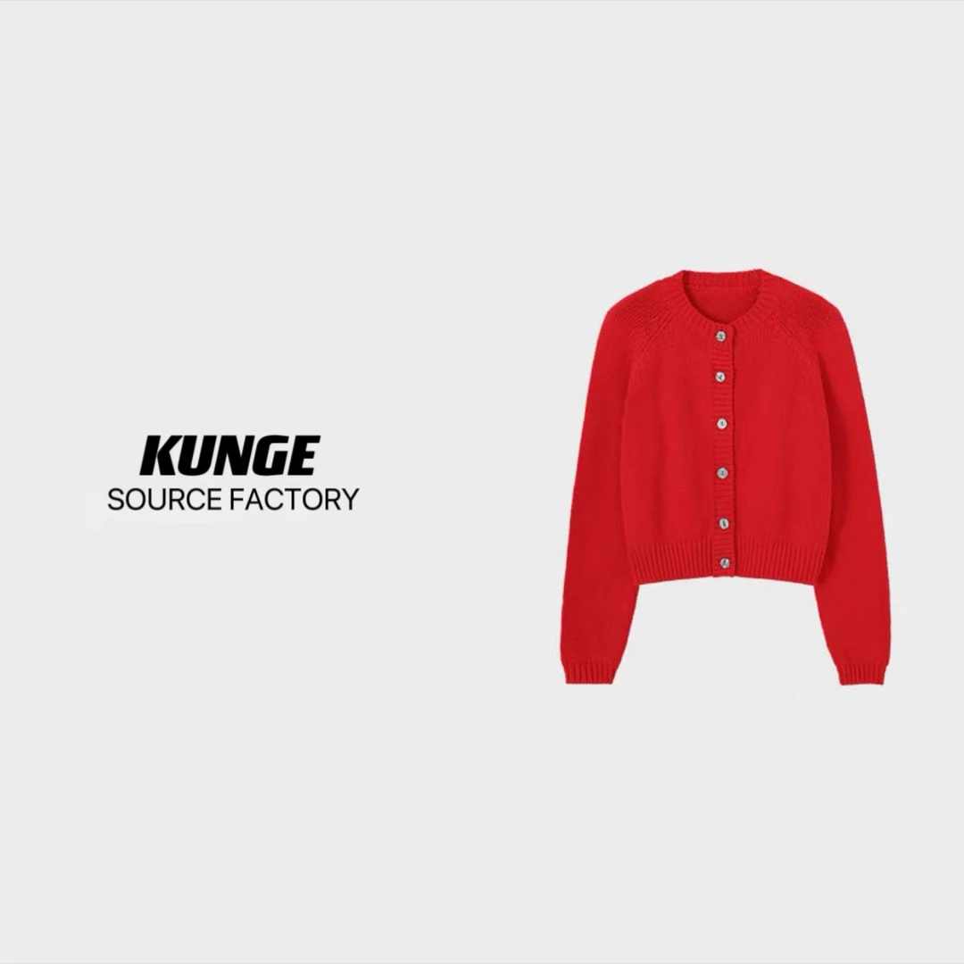 KUNGE红色圆领时尚女士短款毛衣百搭宽松长袖针织开衫-3058