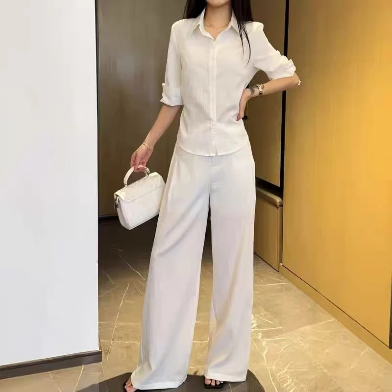 老钱风套装女2025秋季新款七分袖衬衫+高腰宽松阔腿裤休闲两件套