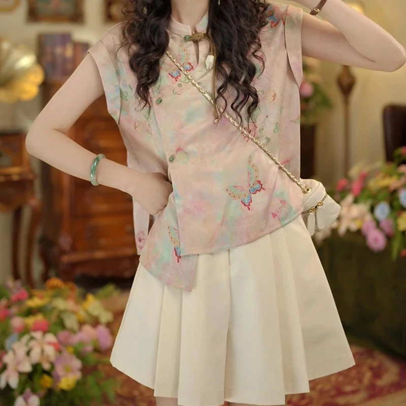 【荷塘月色】复古立领衬衫高腰百褶裙裤两件套2025夏季新款洋气套装