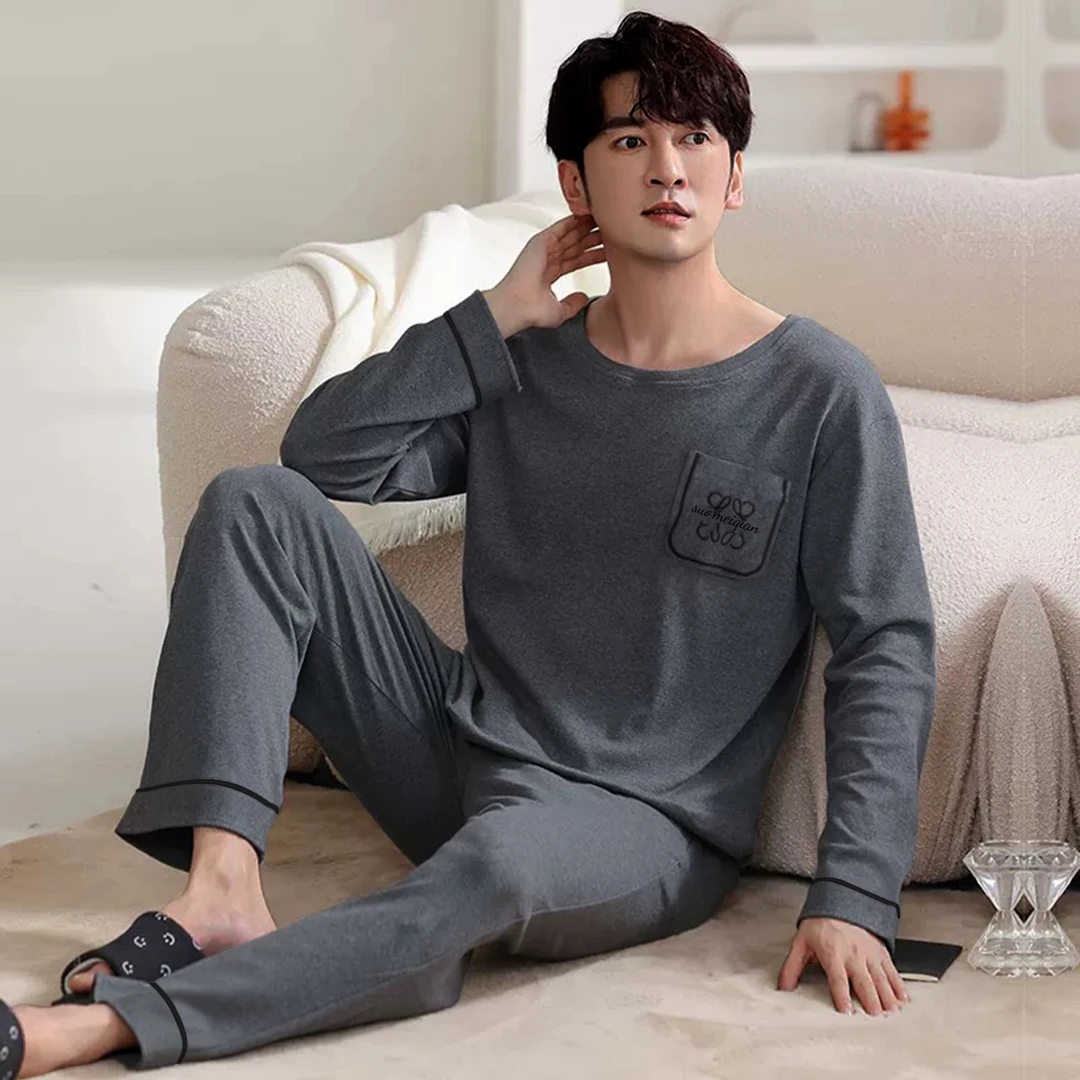 睡衣男冬季新款羊绒长袖长裤简约休闲百搭家居服套装（口袋刺绣）