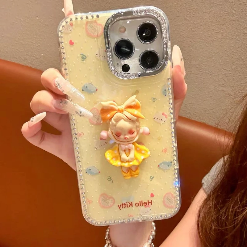 【自带相机保护按键】波点KT猫适用于苹果16promax手机壳闪钻13/14