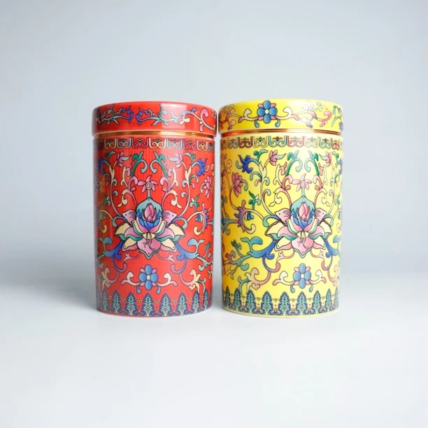 山景造物-红黄珐琅彩缠枝莲储物罐茶叶罐储物罐a602