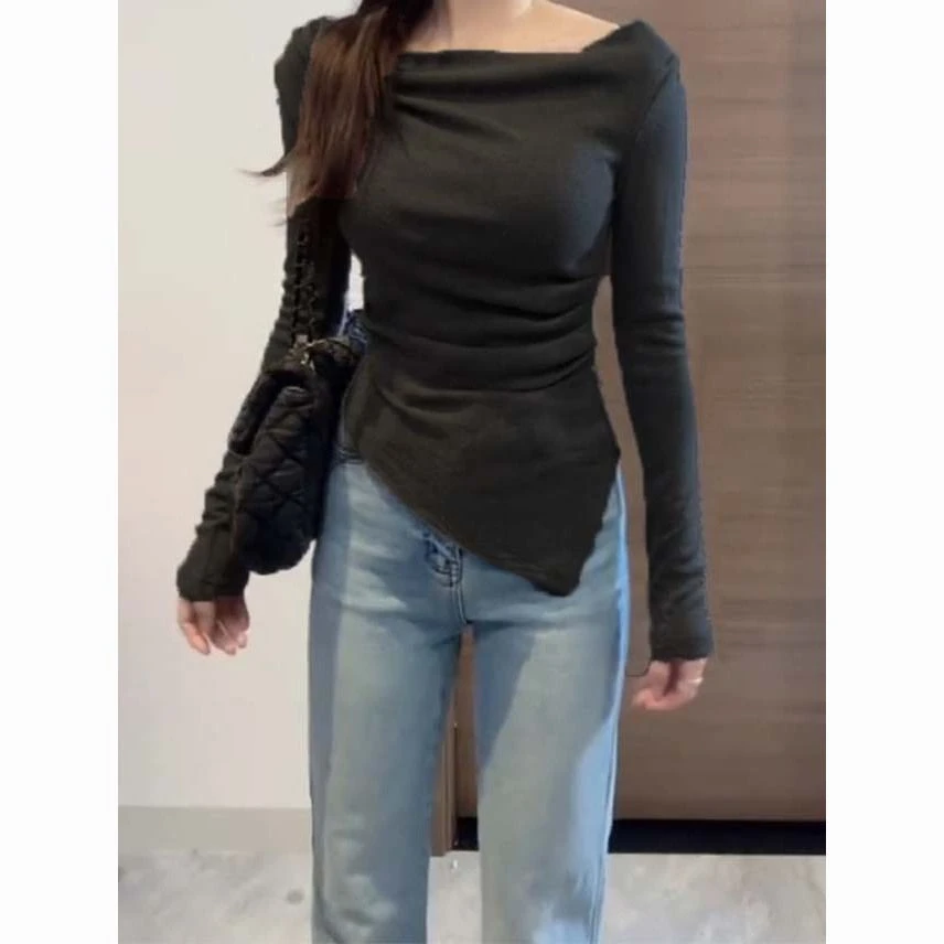 不规则一字肩长袖T恤女春秋冬别致修身显瘦打底衫内搭甜辣小上衣