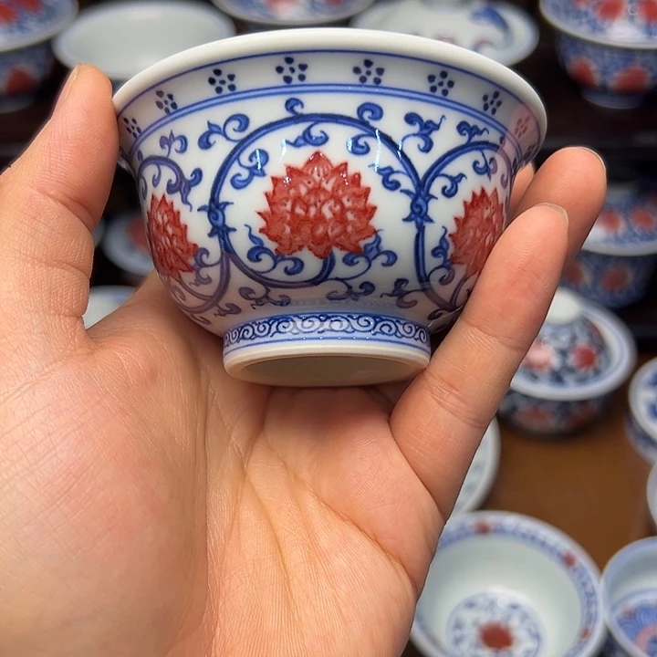 盖碗彦*哥青花釉里红压手杯