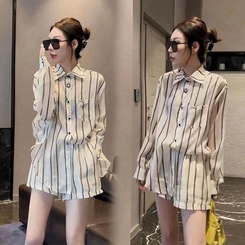2025夏季新款休闲长袖宽松显瘦薄款防晒套装女条纹衬衫短裤两件套