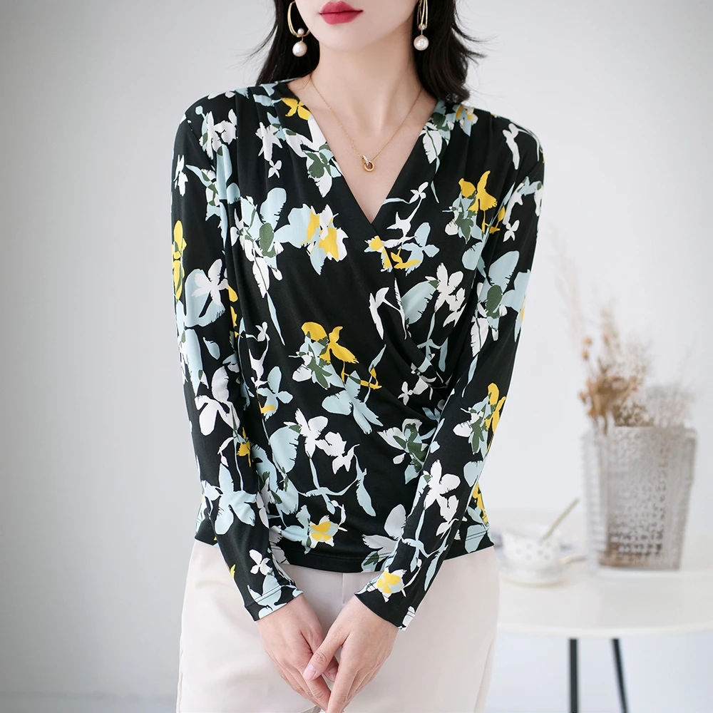 元杉 春夏复古印花桑蚕丝针织衬衣女V领高长袖真丝衬衫民族风上衣