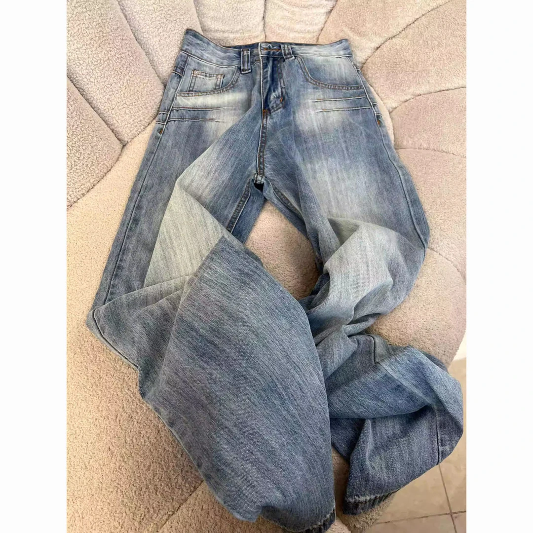 设计感刺绣宽松直筒牛仔裤女美式复古水洗磨白高腰显瘦阔腿裤2454