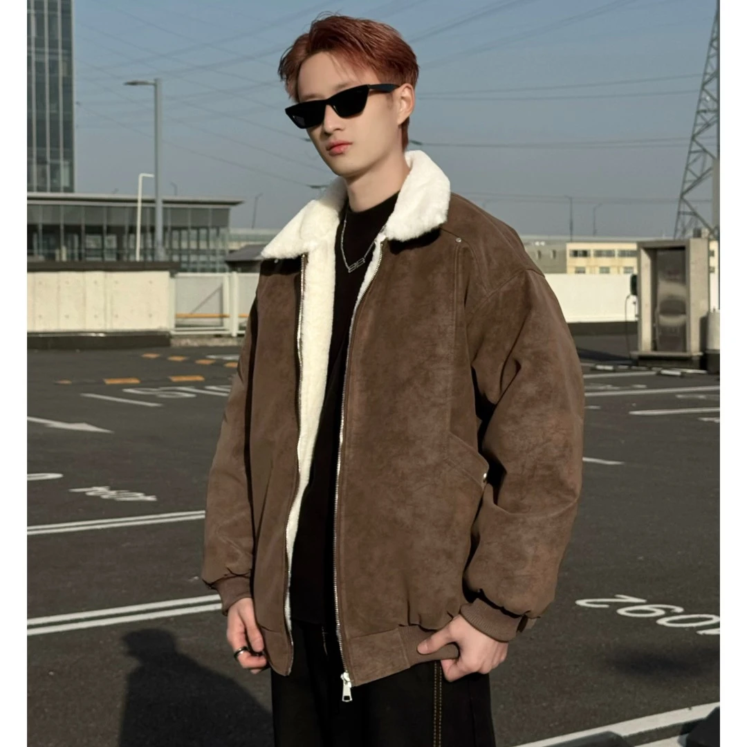 ins美拉德毛领雾面PU皮棉服加绒加厚百搭宽松夹克休闲夹棉外套男