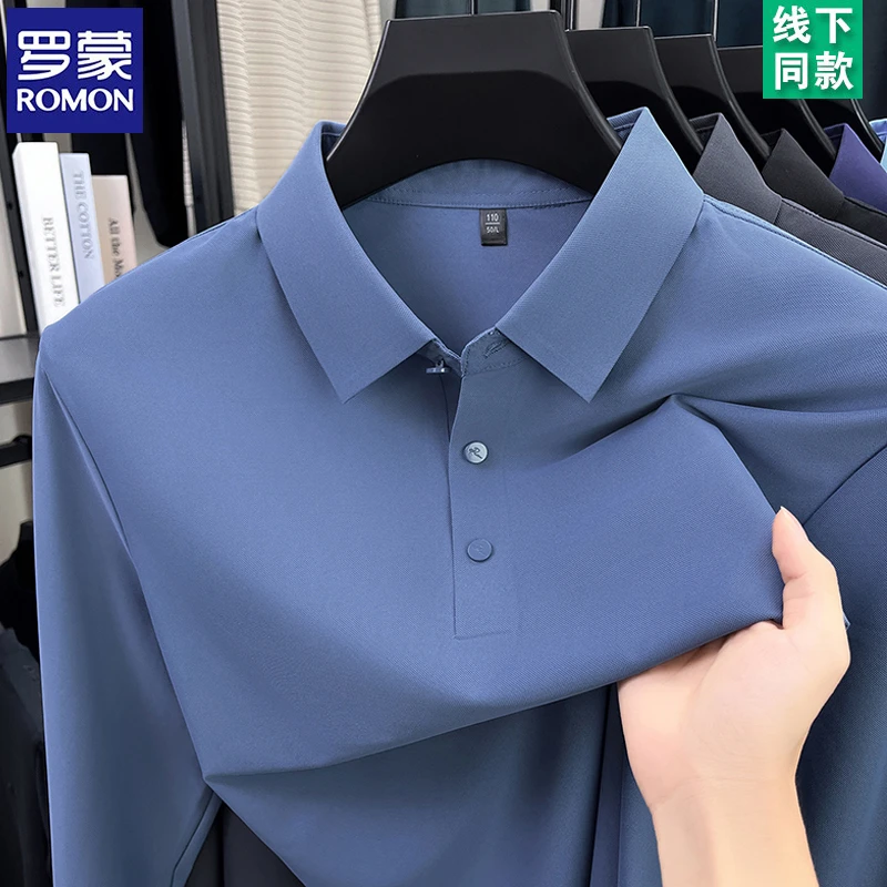 罗蒙纯色冰丝长袖t恤男2025春秋款高端无痕Polo衫男士休闲打底衫