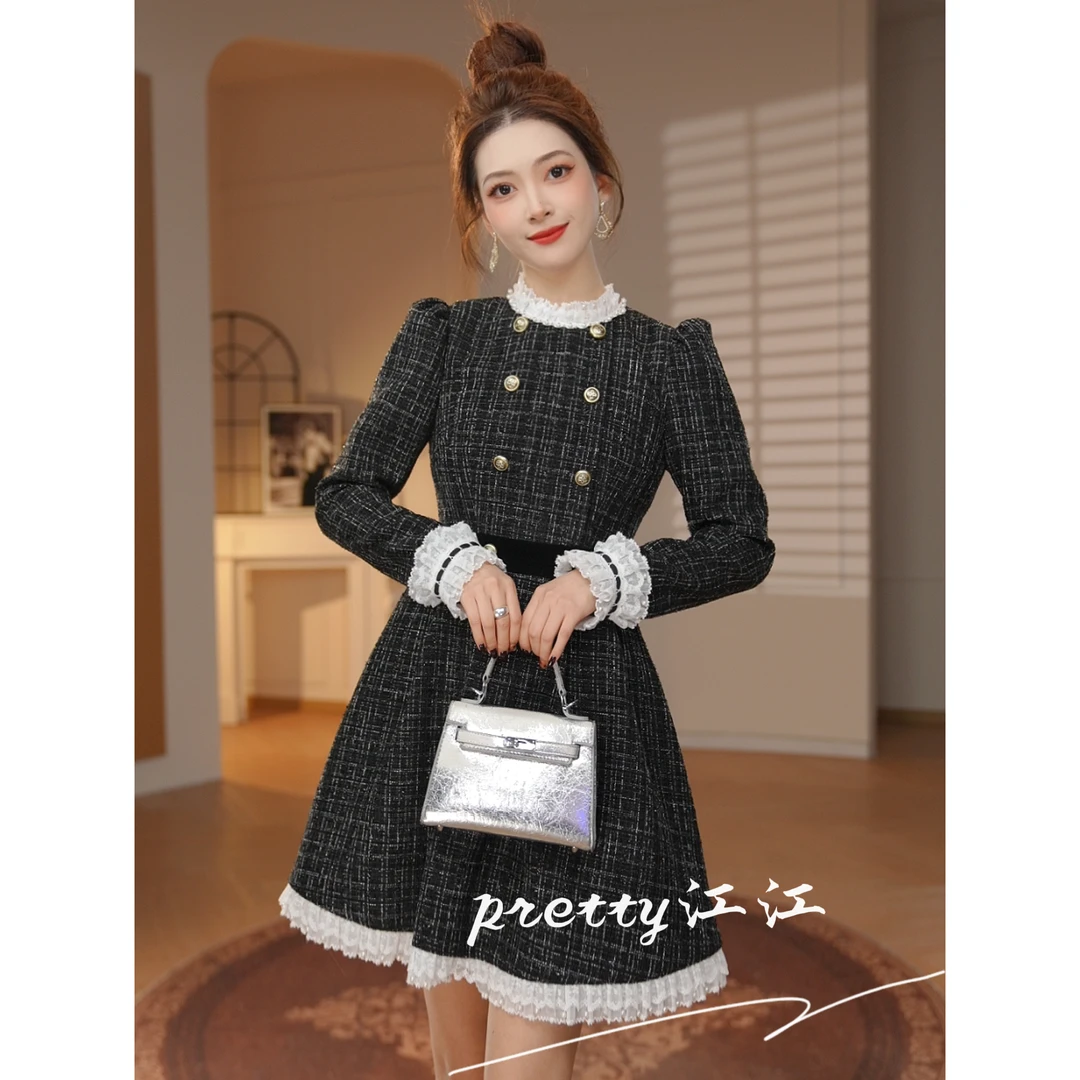 Pretty小众设计师品牌江江定制 气质赫本风复古格纹连衣裙41146