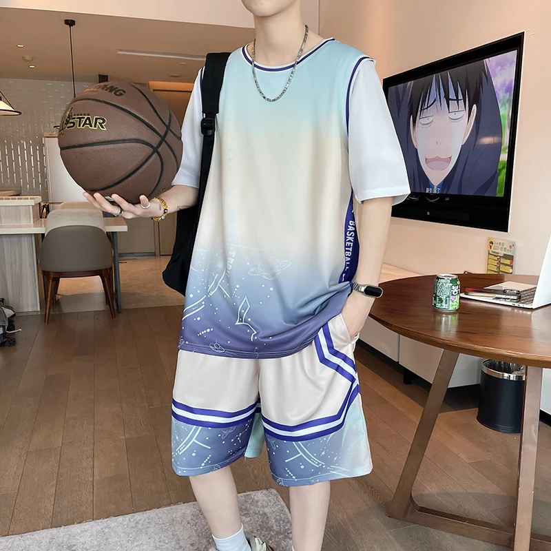 青少年学生夏季新款男生休闲运动套装凉感速干篮球潮流圆领两件套