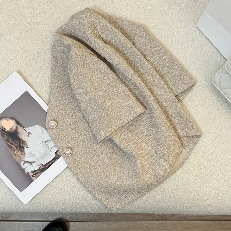 浅咖色短袖小香风西装外套女薄款夏季新款气质名媛风短款上衣