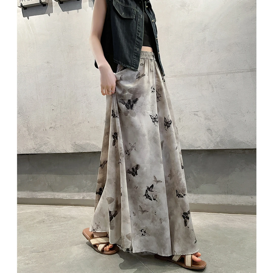 新中式水墨画裤裙女夏2025新款百褶半身休闲百搭高腰垂感阔腿裙裤
