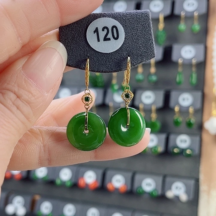 18K金镶嵌和田玉耳饰空***后