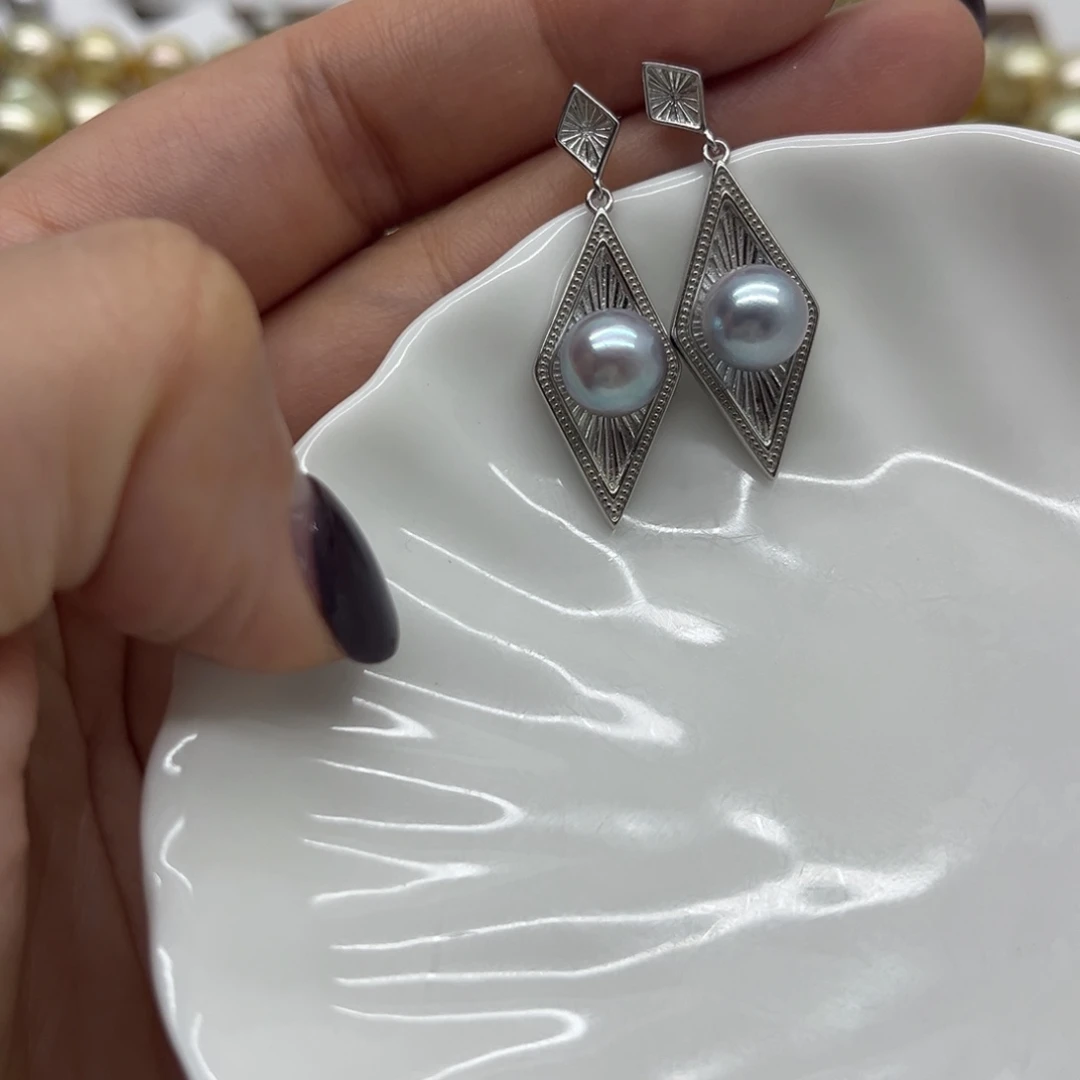 海水珍珠银S925镶嵌耳饰
