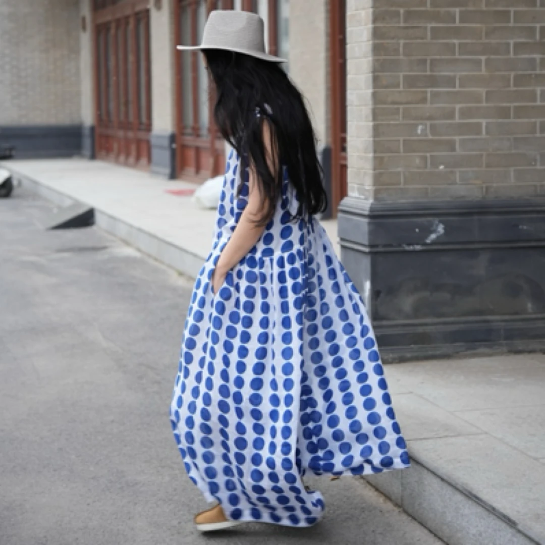 【素月集】之璎珞苎麻多彩水手蓝色圆圈波点长裙长款圆领连衣裙裙子