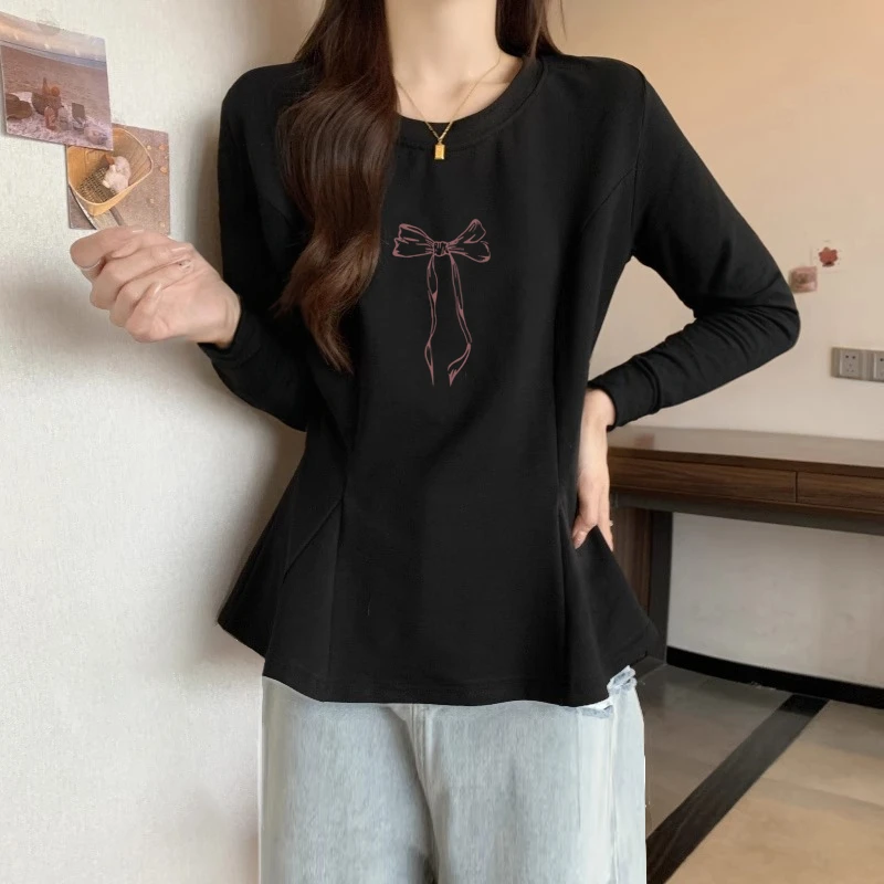 纯棉长袖T恤打底衫女2025秋季新款宽松大尺码收腰裙摆荷叶边上衣