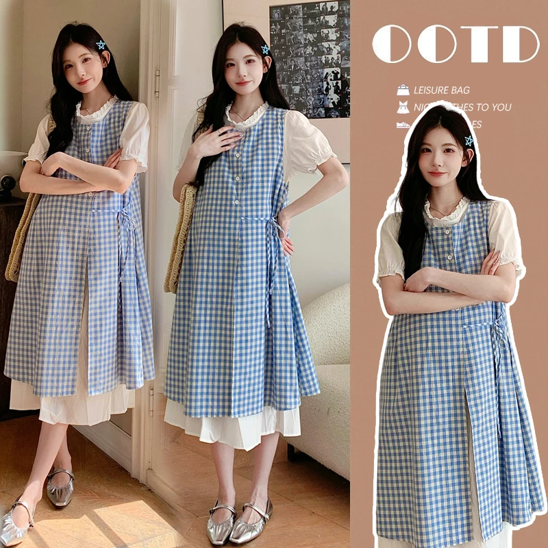 孕妇连衣裙2025新款真两件套薄款孕妇连衣裙+马甲两件套孕妇套装