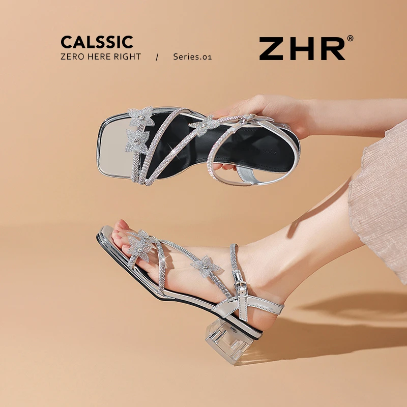 ZHR/则则粗跟凉鞋女2025夏季新款法式外穿罗马凉鞋一字带休闲女鞋
