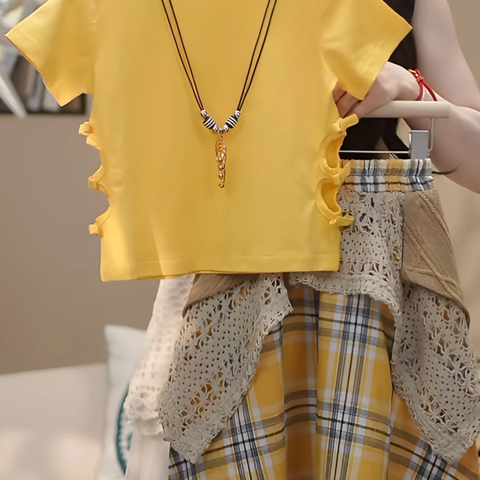 女童夏季短袖T恤拼接格子长裙套装2025新款时髦设计感半裙两件套