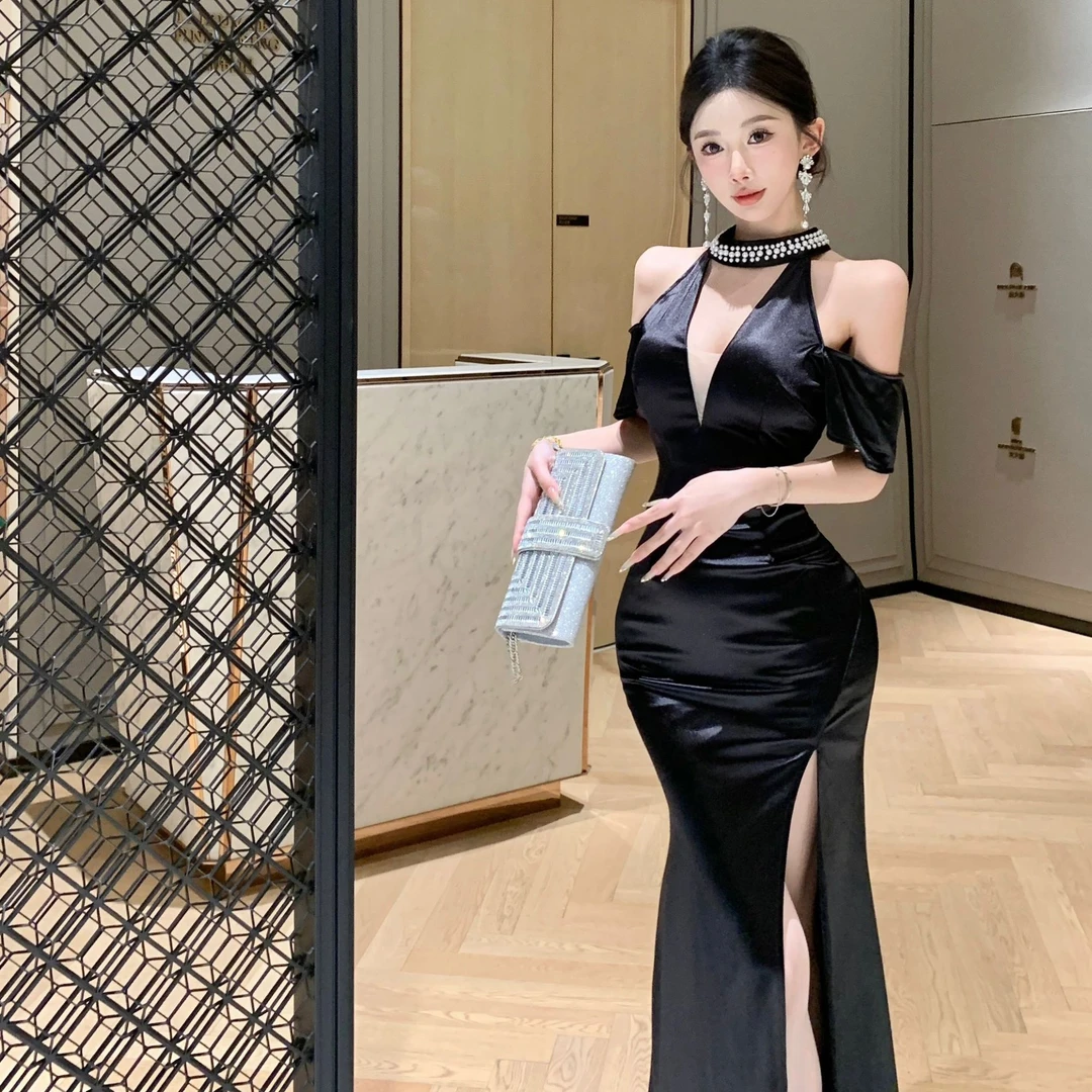 名媛御姐风重工钉珠开叉镂空紧身包臀连衣裙女高端精致宴会礼服裙