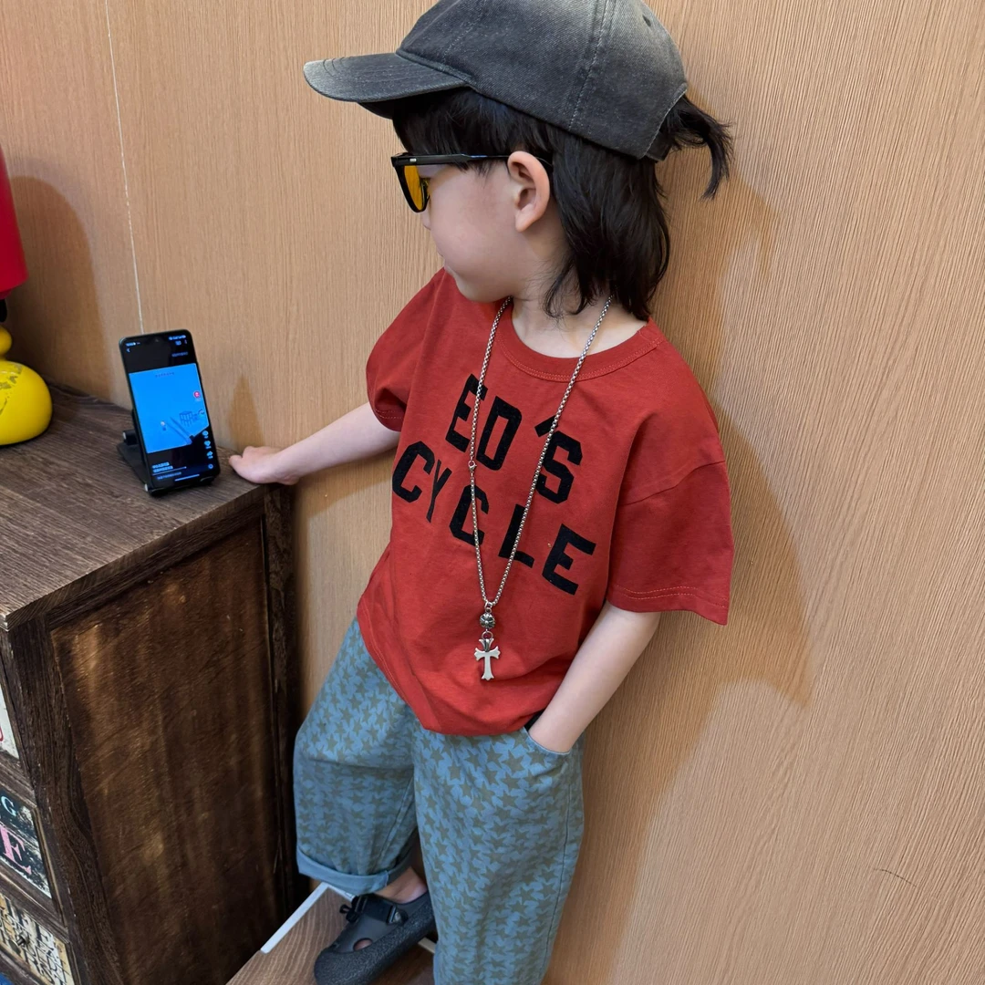 令佳潮牌夏季儿童红色纯棉贴布刺绣宝宝卡通洋气薄款短袖T恤2658