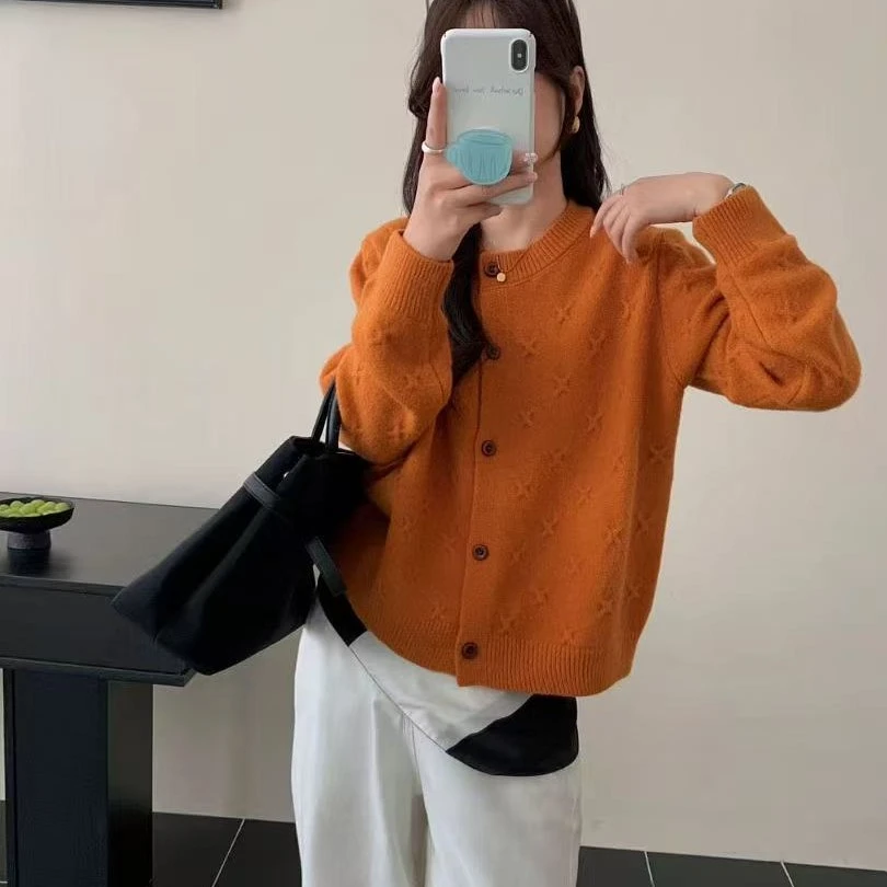 短款圆领针织衫百搭南瓜橘针织衫网红针织毛针织衫女