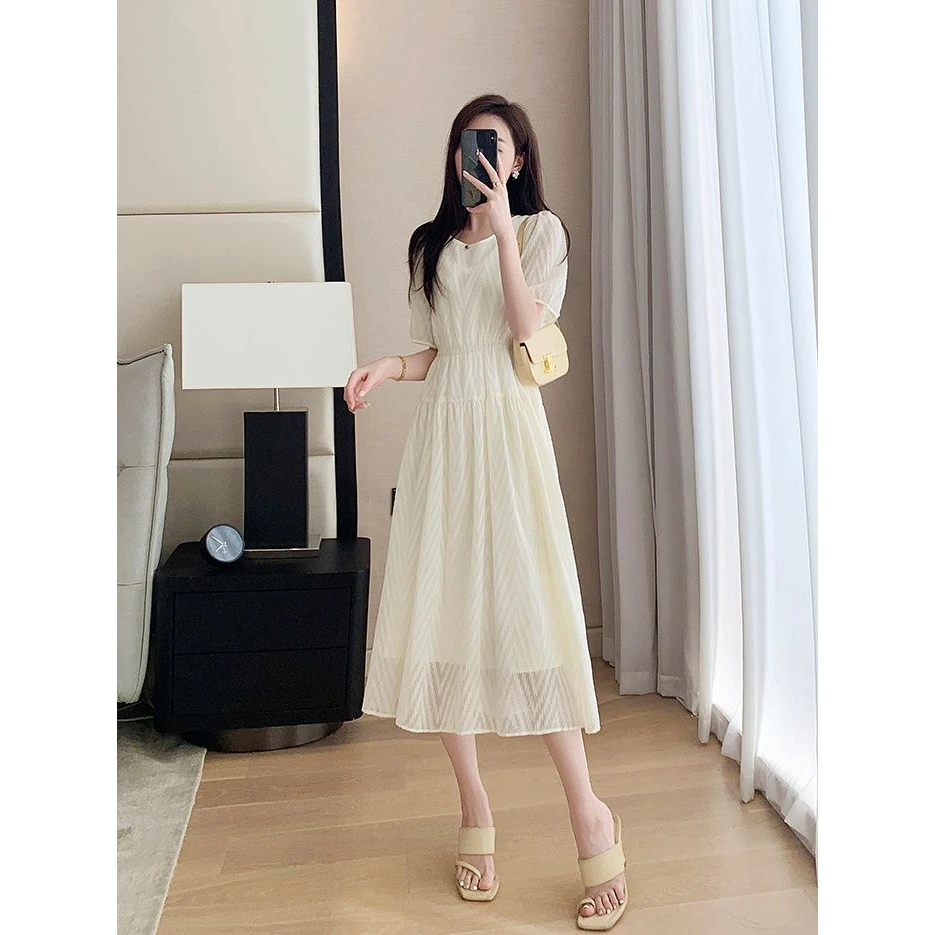 小个子雪纺连衣裙女夏季2025新款优雅圆领修身气质显瘦