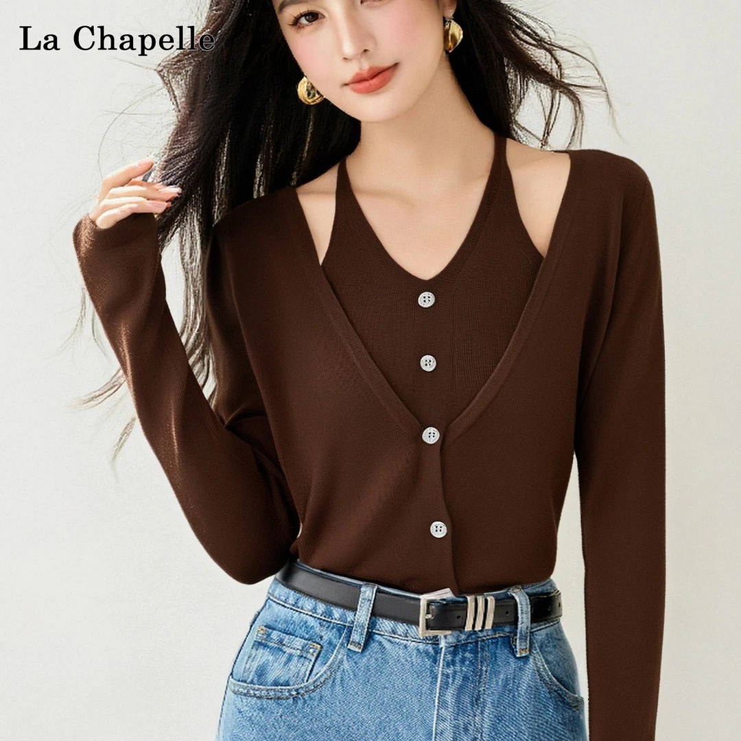 拉夏贝尔秋假两件小众优雅气质轻职风修身针织衫上衣女百搭长袖